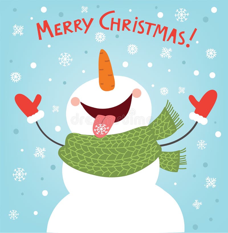 Funny snowman enjoying the snowflakes. Christmas card illustration