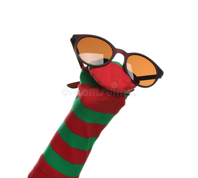 Funny Sock Puppet with Sunglasses Isolated on White Stock Photo Image