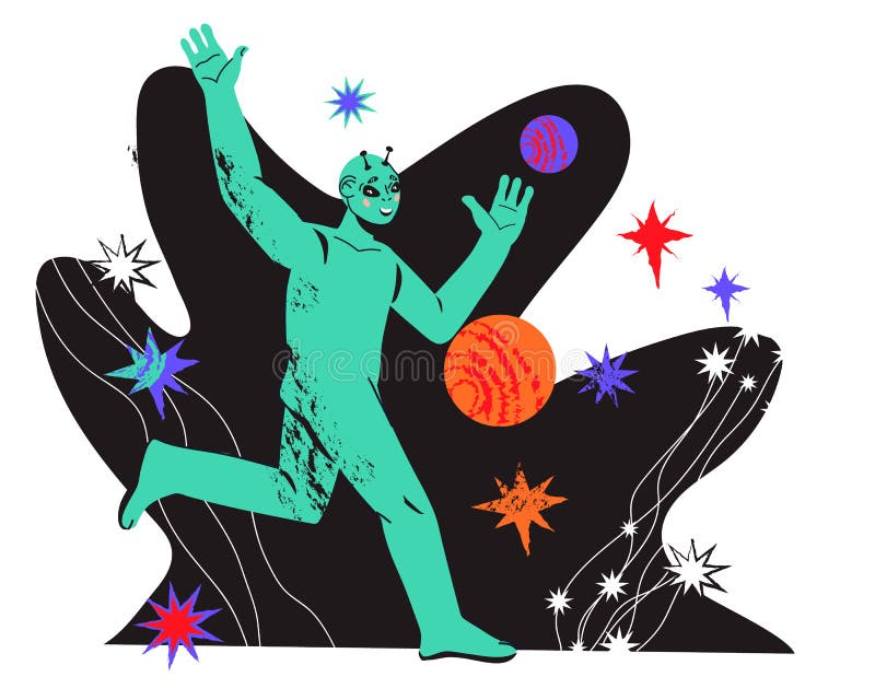 Funny space alien green humanoid among space objects and planets, flat vector isolated. royalty free illustration