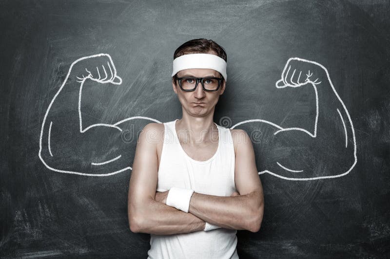 Funny nerd with fake muscle drawn on the chalkboard. Funny sport nerd with fake muscle drawn on the chalkboard