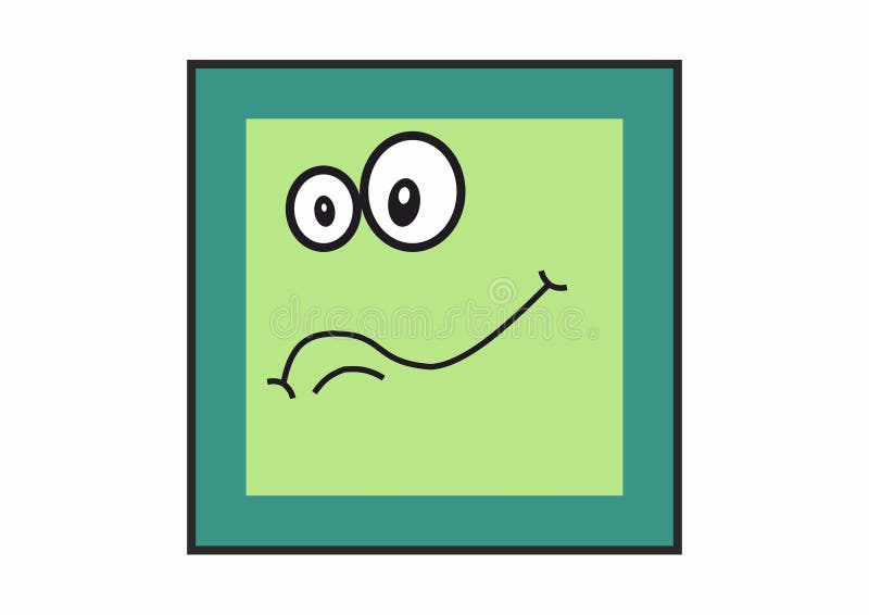 A playful square cartoon emoticon with a green face, big eyes, and an upturned smile. vector illustration