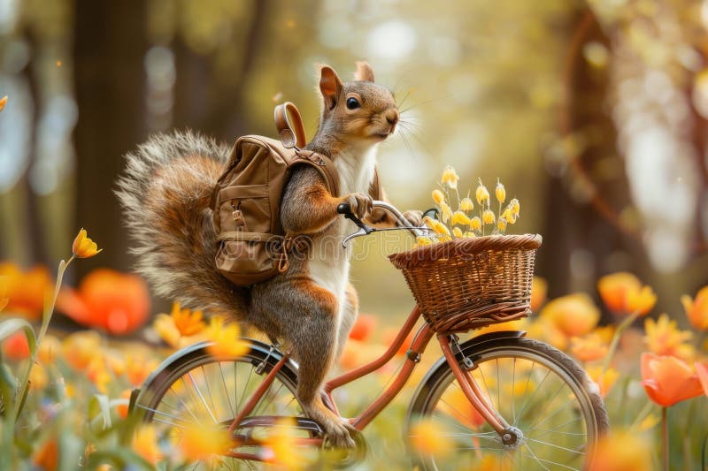 Funny squirrel with backpack riding a bicycle in summer forest among flowers.  AI generated