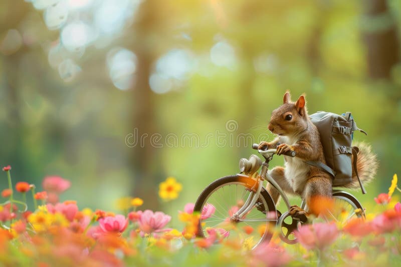 Funny squirrel with backpack riding a bicycle in summer forest among flowers.  AI generated