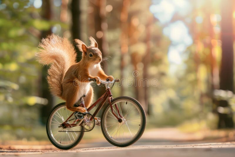 Funny squirrel riding a bicycle in summer forest.  AI generated