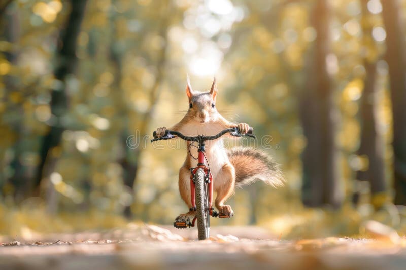 Funny squirrel riding a bicycle in summer forest.  AI generated