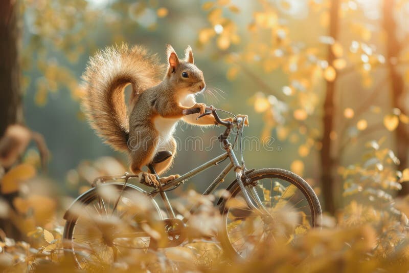 Funny squirrel riding a bicycle in summer forest.  AI generated