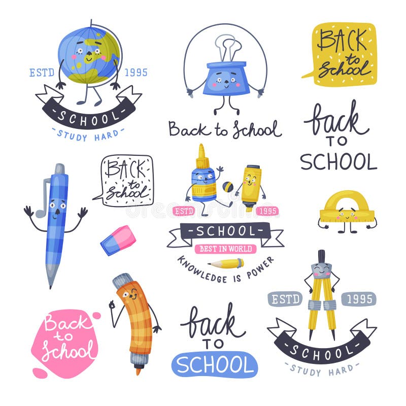 School funny office supplies characters Royalty Free Vector