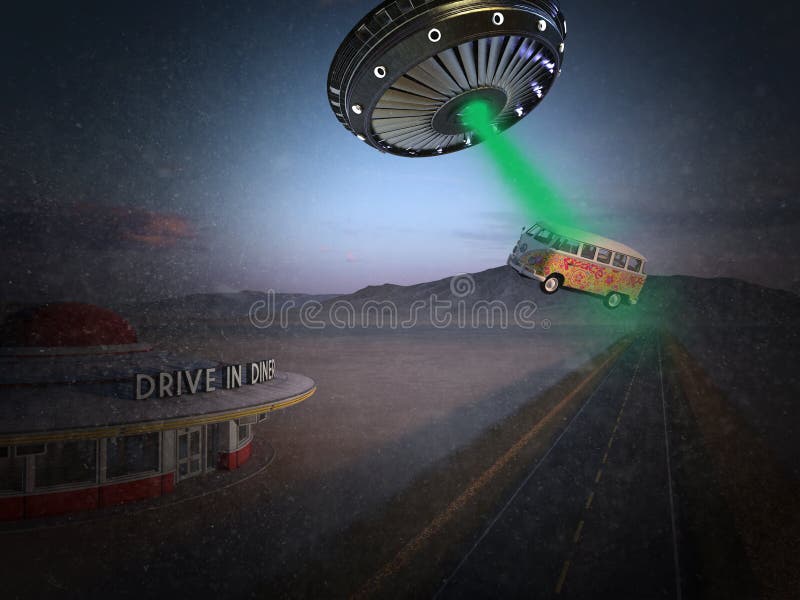 Funny and surreal UFO alien spaceship abduction. Creatures from another planet beam up a retro vintage VW Volkswagen peace hippie bus van on a lonely and desolate road or highway. Funny and surreal UFO alien spaceship abduction. Creatures from another planet beam up a retro vintage VW Volkswagen peace hippie bus van on a lonely and desolate road or highway.