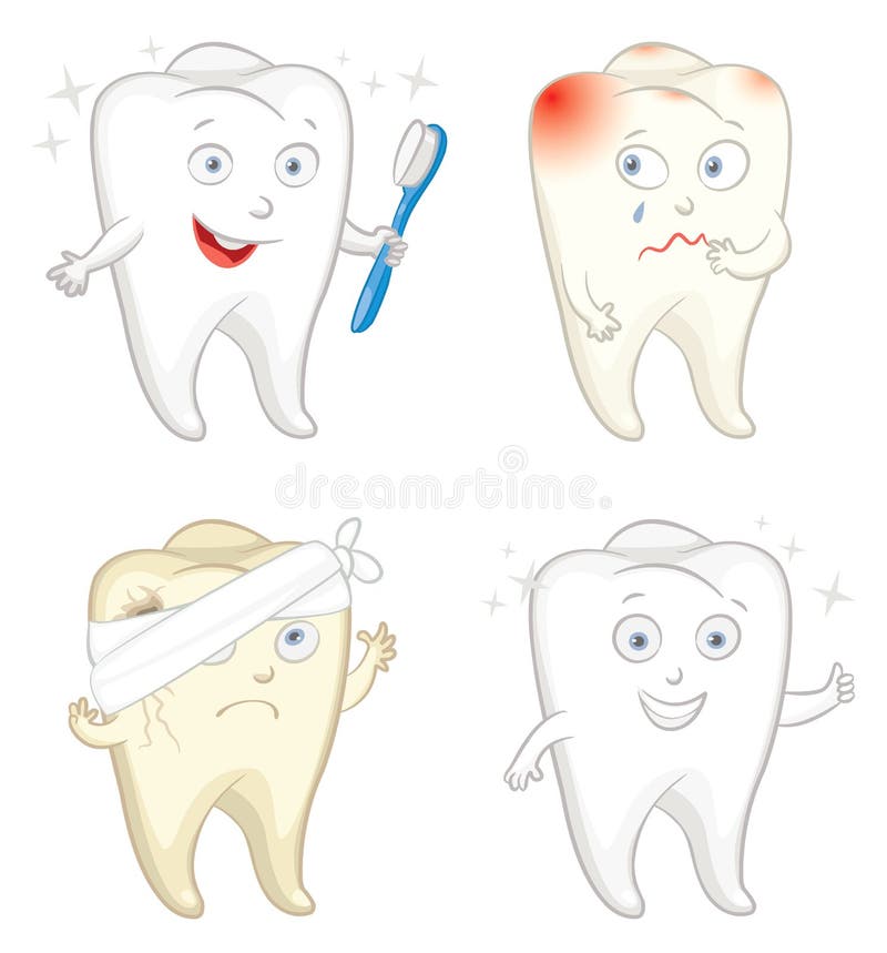 Funny tooth with toothbrush. Caries. Toothache vector illustration