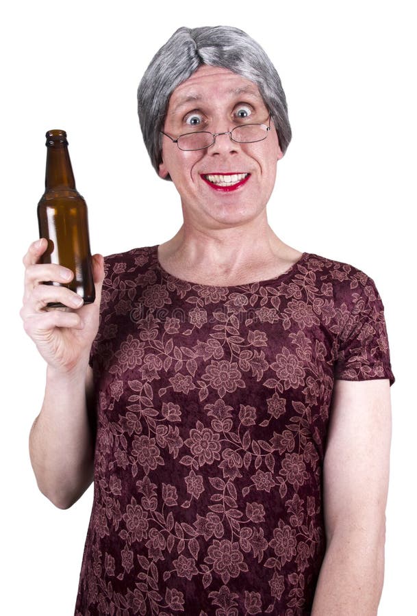 Funny Ugly Mature Senior Woman Drunk Drinking Beer Royalty Free Stock 