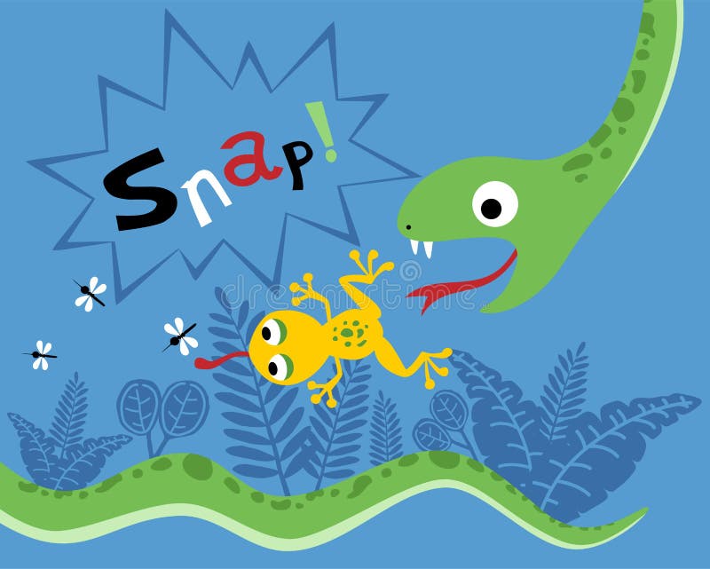 Funny Vector Cartoon of Snake Hunting Frog, Frog Hinting Mosquito on