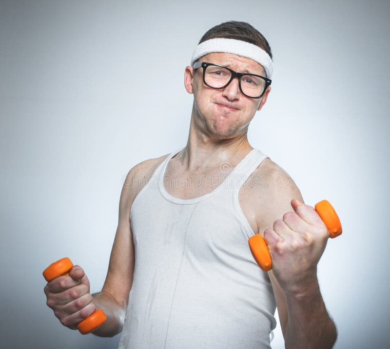 Funny Weak Man Lifting Biceps Stock Photo - Image of muscle, strength ...