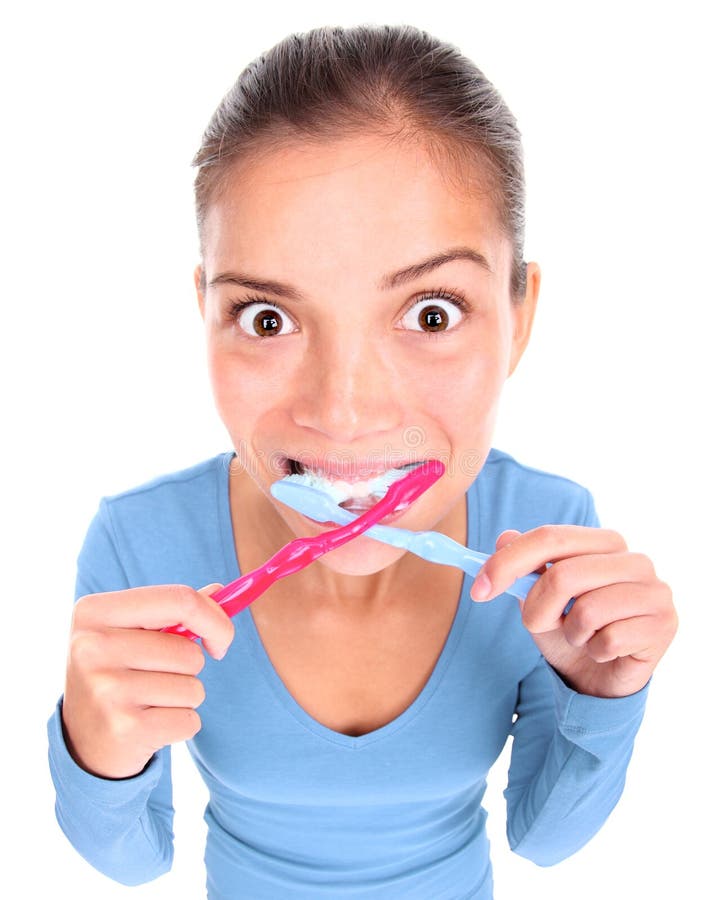 Funny Woman with Two Toothbrush Brushing Teeth Stock Photo Image of