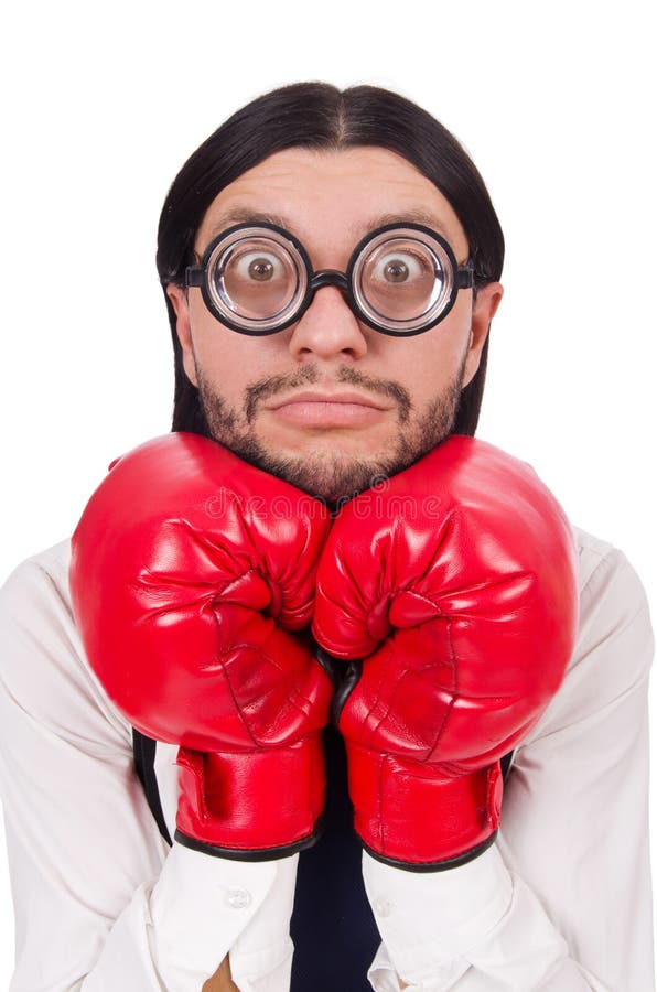 Funny Young Businessman with Boxing Gloves Isolated Stock Photo Image