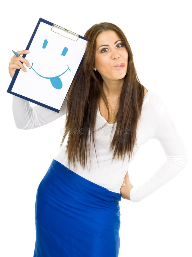 Funny young woman with smile. Young funny woman standing expressing emotion and drawing smile on pad with blue pen royalty free stock images Funny young woman with smile. Young funny woman standing expressing emotion and drawing smile on pad with blue pen royalty free stock images