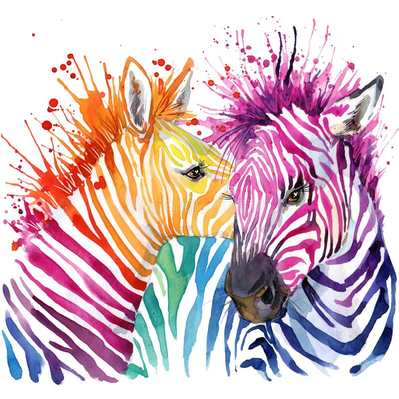 Vtipné zebra T-shirt grafika, pstruh zebra ilustrácia s splash akvarel textúrou pozadí.