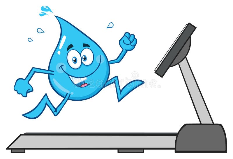 Funzionamento blu sano del carattere della mascotte del fumetto della goccia di acqua su una pedana mobile royalty illustrazione gratis Funzionamento blu sano del carattere della mascotte del fumetto della goccia di acqua su una pedana mobile royalty illustrazione gratis