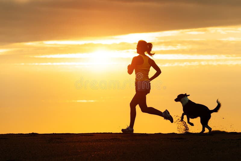 Woman and dog running free on beach on golden sunset. Fitness girl and her pet working out together. Woman and dog running free on beach on golden sunset. Fitness girl and her pet working out together.