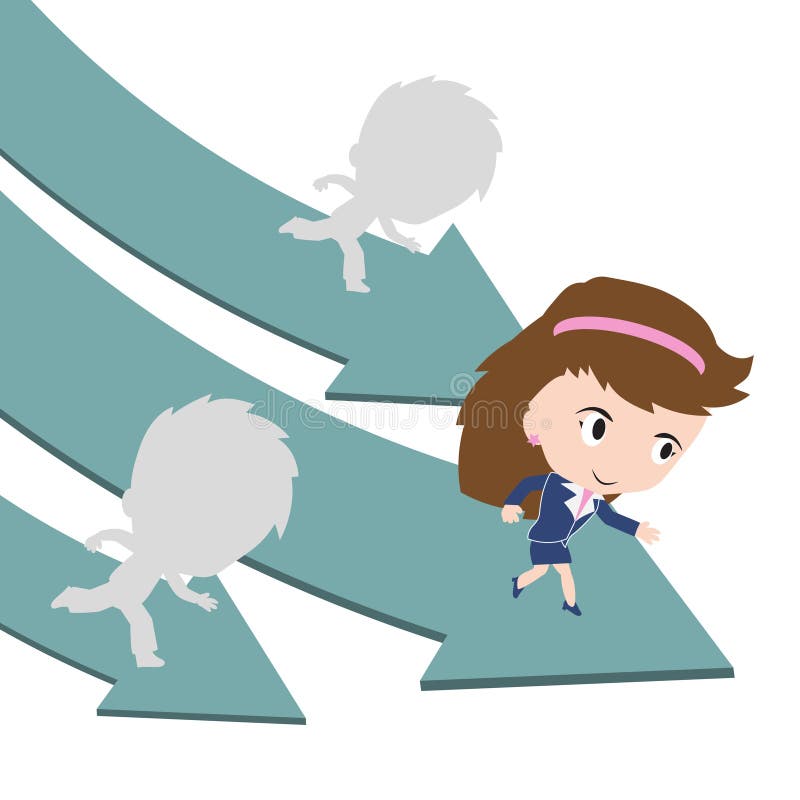 Funzionamento felice della donna di affari sulla strada verde della freccia con concorrenza illustrazione di stock Funzionamento felice della donna di affari sulla strada verde della freccia con concorrenza illustrazione di stock