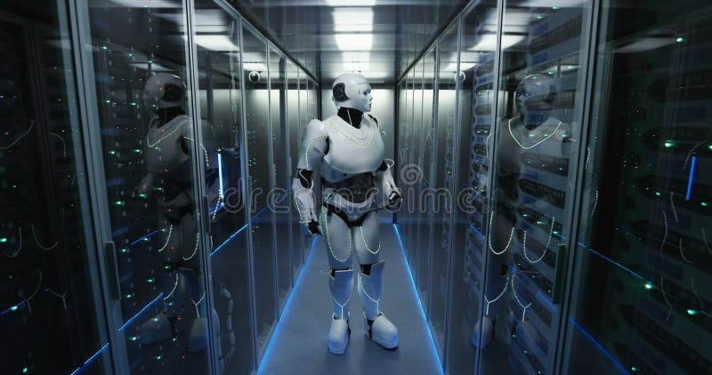 Funzionamento futuristico del robot di androide nella stanza del server stock footage