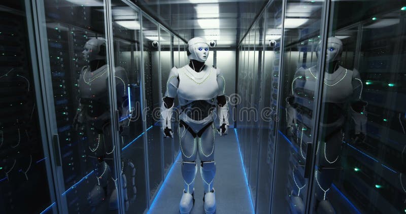 Funzionamento futuristico del robot di androide nella stanza del server stock footage