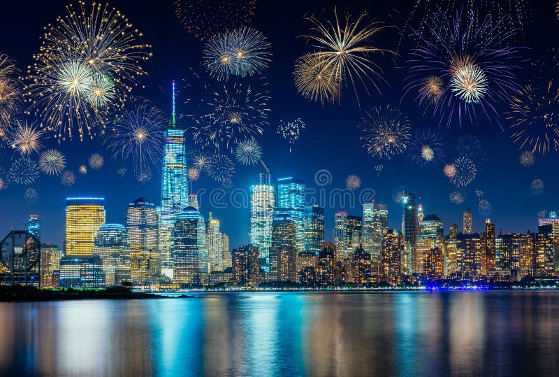 Fuochi d'artificio che celebrano i nuovi anni EVE in New York, NY, U.S.A.