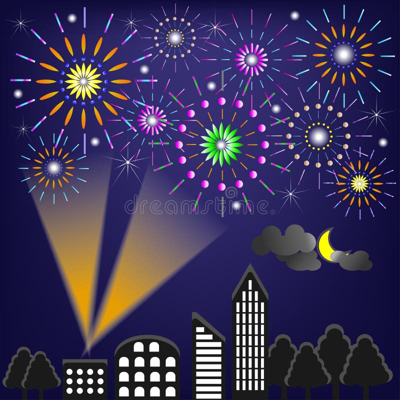 Fuochi d'artificio in città illustrazione vettoriale Fuochi d'artificio in città illustrazione vettoriale