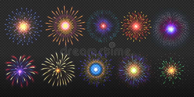 Fuochi d'artificio Festa del partito: fulmini pirotecnici, colorati e dorati scoppia con scintille luminose Cellula vettoriale royalty illustrazione gratis