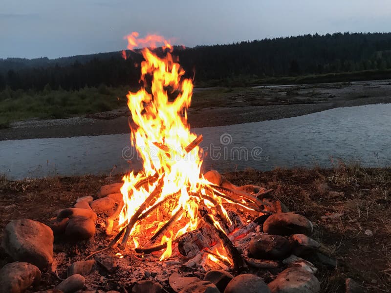 Fuoco di accampamento davanti al fiume. Un campire con le fiamme che bruciano livello su un bello campeggio incontaminato nell'aria aperta naturale dell'ovest