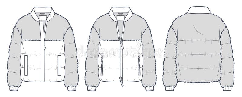Fur Bomber Jacket Technical Fashion Illustration. Down Jacket ...