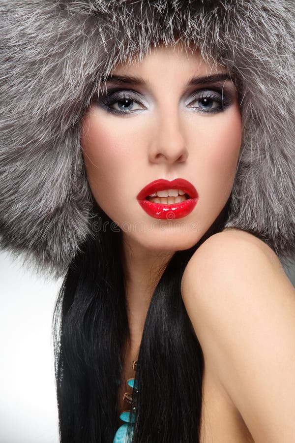 Winter Girl Wearing White Fur Hat Stock Photo - Image of eyelash ...