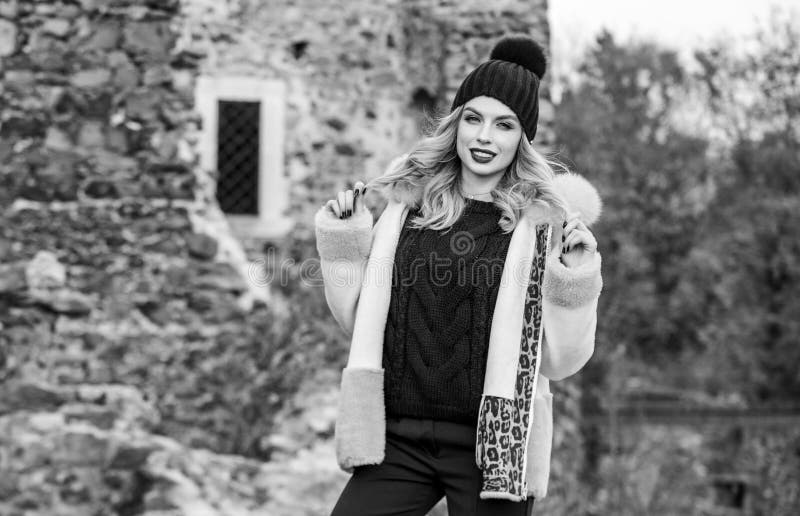 Wardrobe for Cold Weather. Girl Stand Near Stone Ruins. Fancy Chic Coat.  Natural Wool Sheepskin Coat. Fur on Hood Stock Photo - Image of  comfortable, outdoors: 171143506