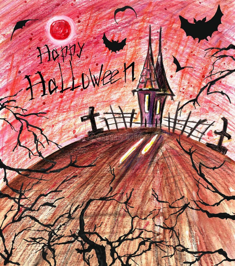 Furchtsamer Halloween-Hintergrund Dunkles gespenstisches Haus mit schwarzen Schlägern und Bäumen vektor abbildung Furchtsamer Halloween-Hintergrund Dunkles gespenstisches Haus mit schwarzen Schlägern und Bäumen vektor abbildung