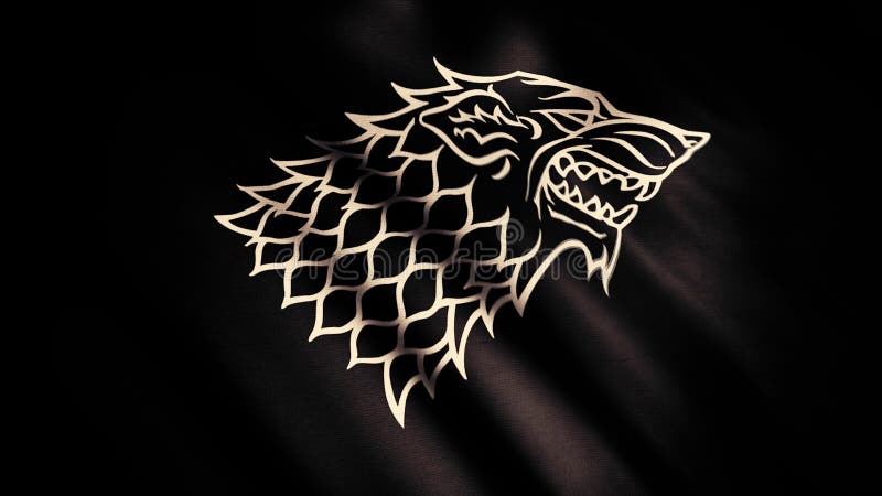 Scary wolf head in profile view on black silky moving flag with glare, seamless loop. Direwolf as a symbol of Stark house, game of thrones concept. Scary wolf head in profile view on black silky moving flag with glare, seamless loop. Direwolf as a symbol of Stark house, game of thrones concept