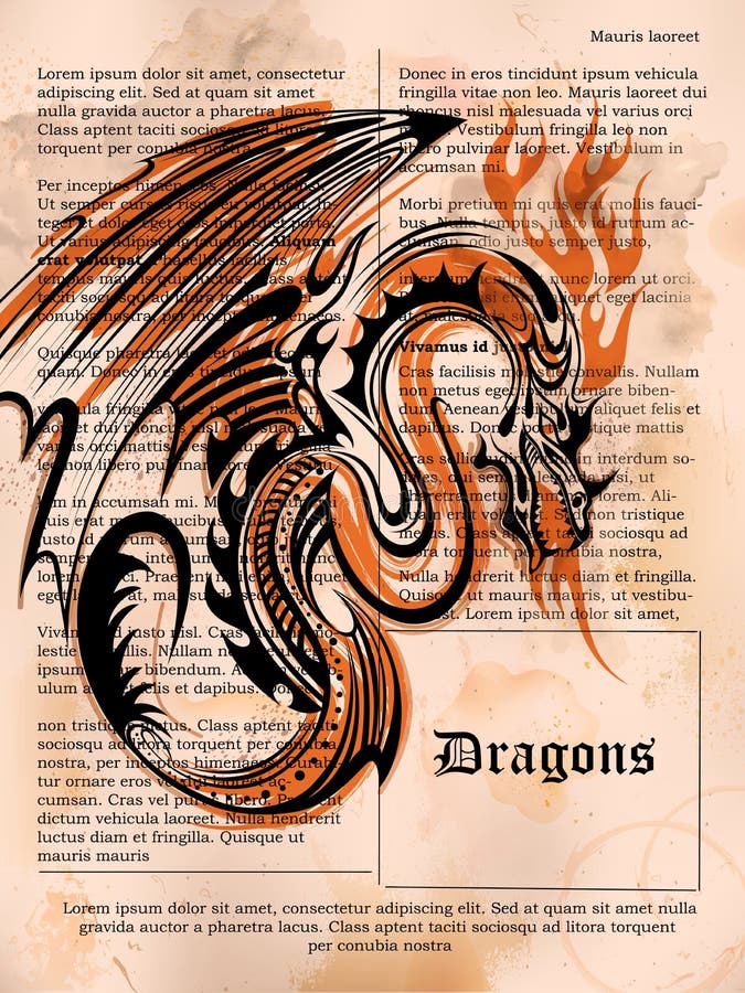 Furious Dragon drawing on old vintage book page stock illustration Furious Dragon drawing on old vintage book page stock illustration