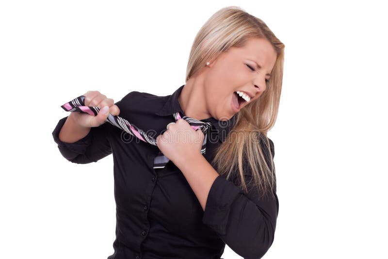 Furious woman ripping off her tie. 