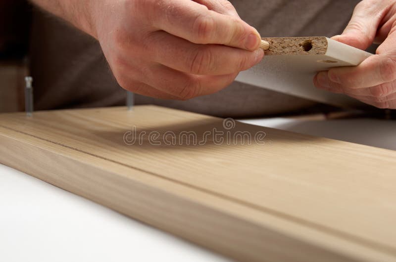 Furniture Assembly Process Install Dowel To Hole Stock Image Image