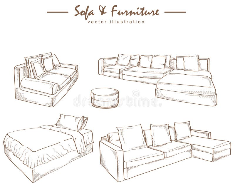 Furniture Collection Sketch Drawing Vector Stock Vector Illustration