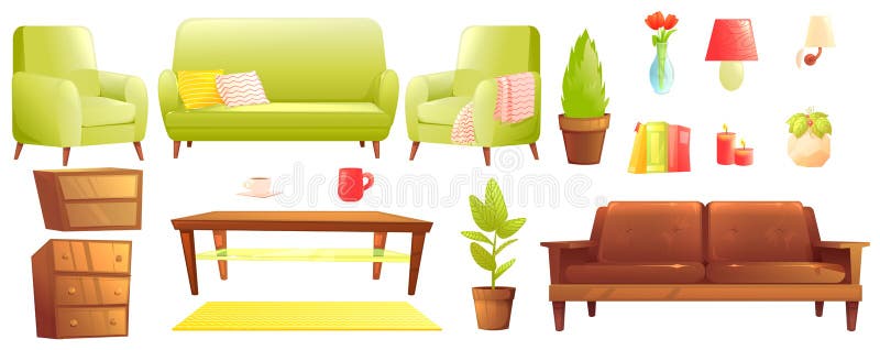 Furniture design set. Modern Sofa and chairs with a blanket, pillows and next to a wooden coffee table.