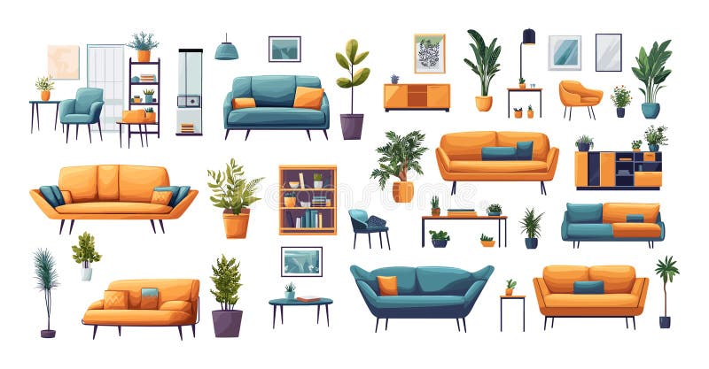 Furniture home decor cartoon vector set. Sofas wooden room plants tables comfy armchairs sleek shelves storage solutions elegant stock illustration