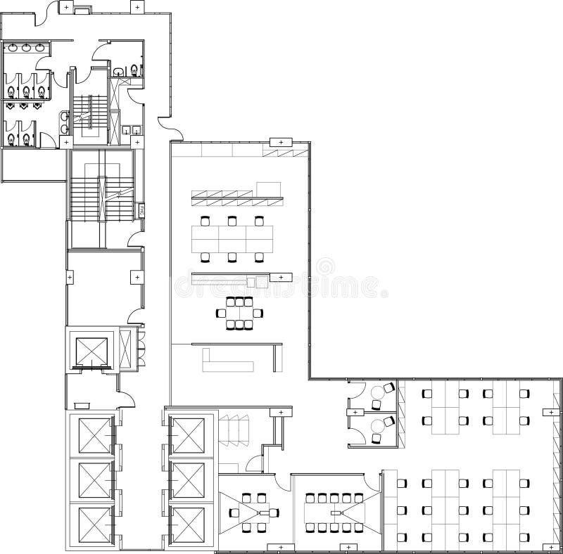 Furniture Layout Plan for Central Office Area with Lift, Fire Exit, Meeting Room and Reception Interior Design AutoCAD Vector stock illustration