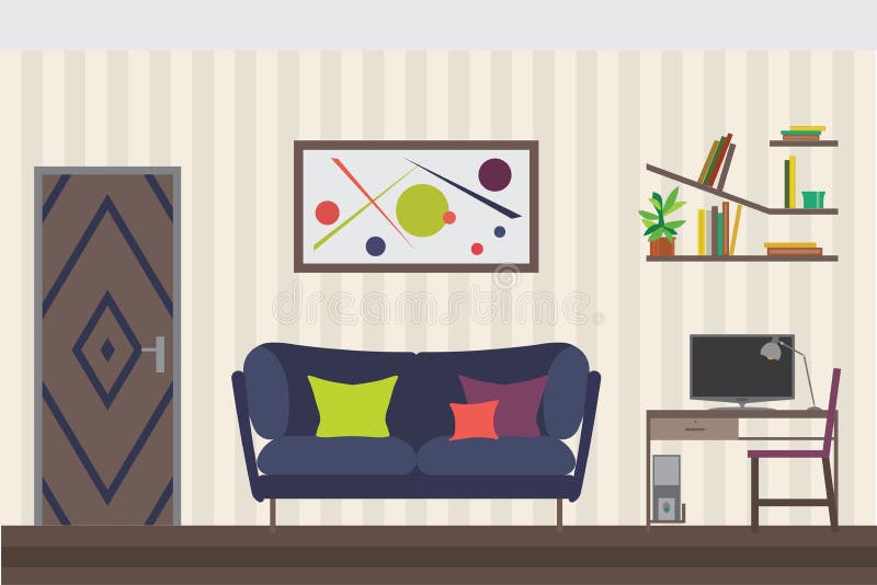 Furniture Set. Flat Vector Illustration for you Interior Design. Elevation with Door, Sofa, Table, Chair, Shelves and