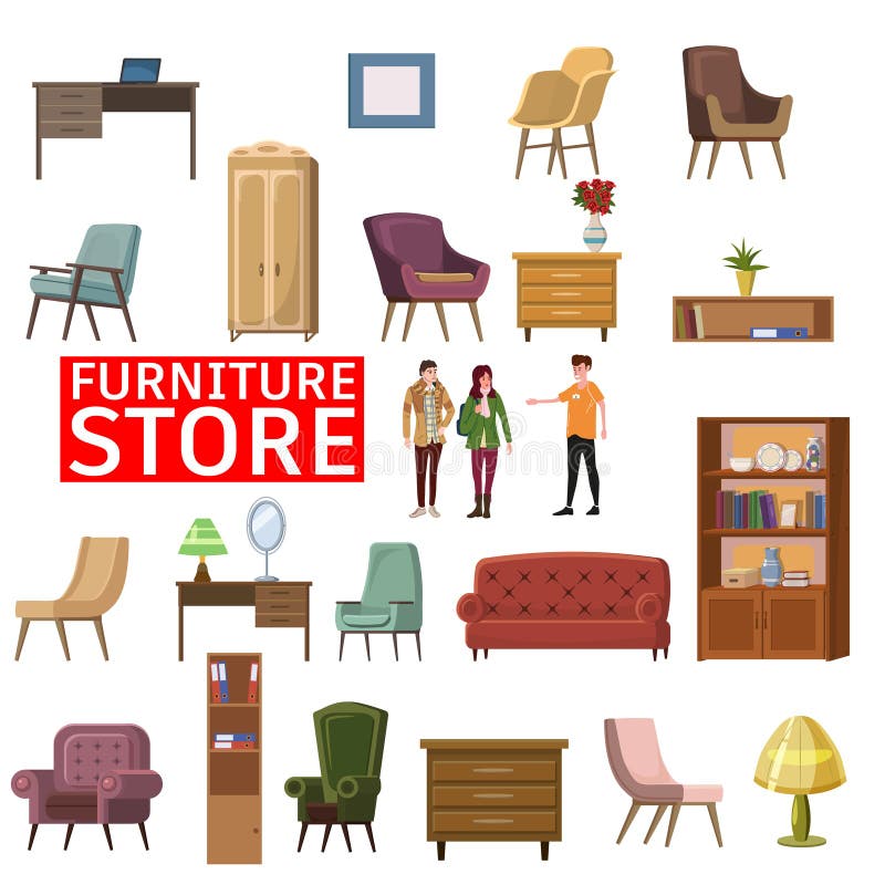 Premium Vector  Home furniture big clipart set household items sofa chair  wardrobe and plants are funny