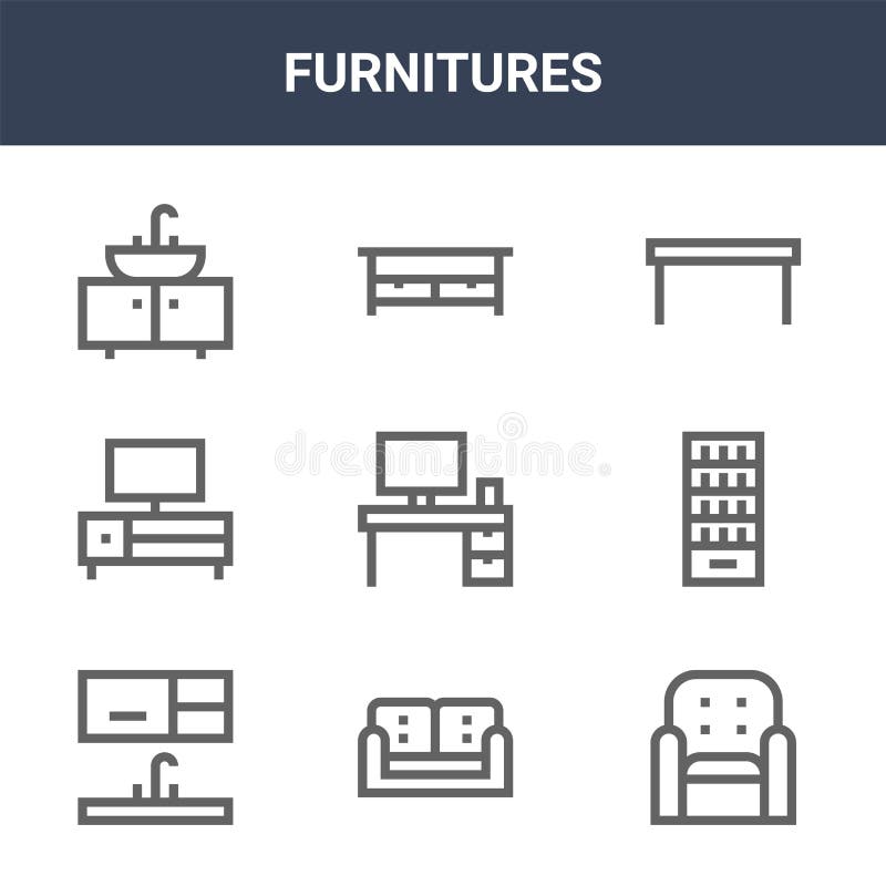 9 furnitures icons pack. trendy furnitures icons on white background. thin outline line icons such as armchair, shelves, table. stock illustration