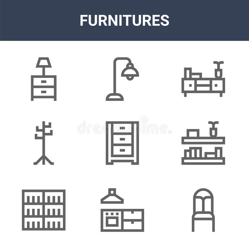 9 furnitures icons pack. trendy furnitures icons on white background. thin outline line icons such as chair, shelves, floor lamp stock illustration