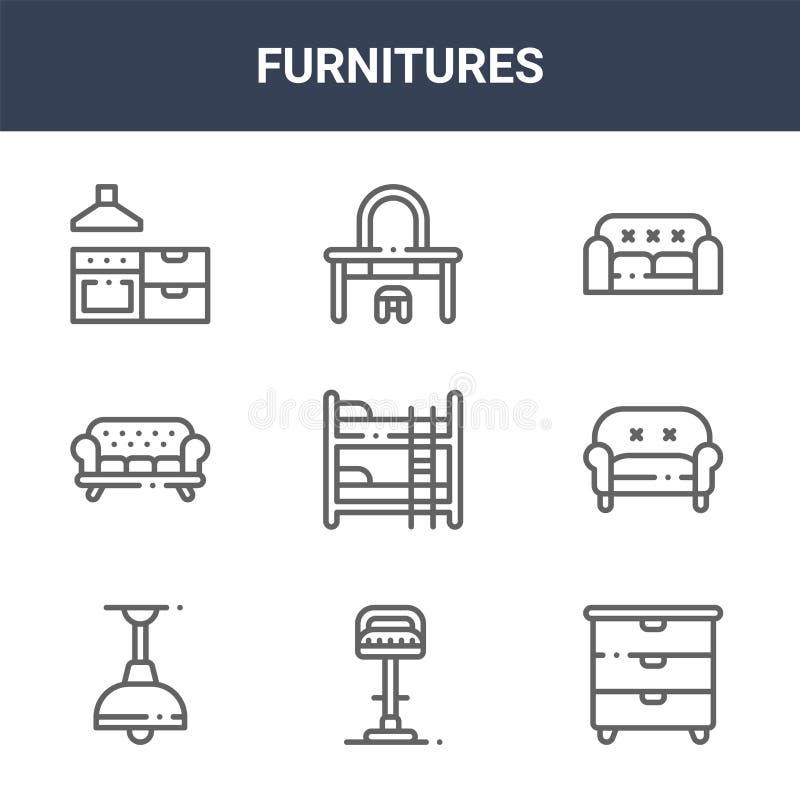 9 furnitures icons pack. trendy furnitures icons on white background. thin outline line icons such as chest of drawers, divan royalty free illustration