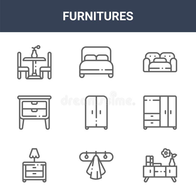 9 furnitures icons pack. trendy furnitures icons on white background. thin outline line icons such as chest of drawers, wardrobe vector illustration