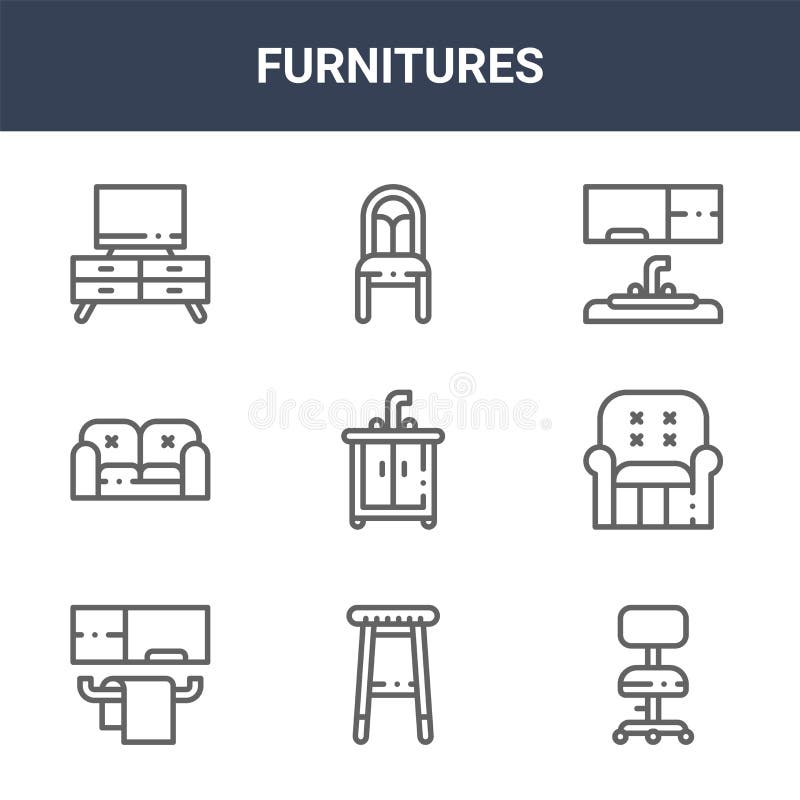 9 furnitures icons pack. trendy furnitures icons on white background. thin outline line icons such as desk chair, armchair, chair vector illustration