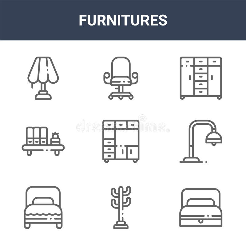 9 furnitures icons pack. trendy furnitures icons on white background. thin outline line icons such as sofa bed, floor lamp, desk stock illustration