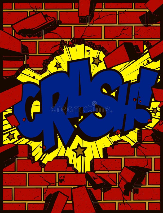 Furo na parede de tijolo de explosão com ilustração do vetor dos desenhos animados do estilo da banda desenhada do pop art do tex